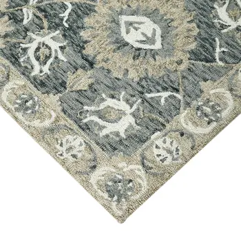 9' X 13' Gray Ivory And Beige Wool Floral Medallion Hand Hooked Area Rug