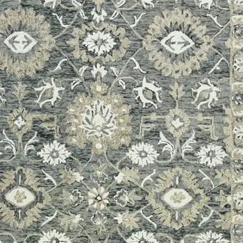 9' X 13' Gray Ivory And Beige Wool Floral Medallion Hand Hooked Area Rug