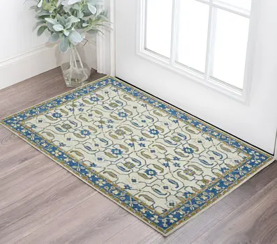 2' X 3' Blue Beige And Brown Wool Oriental Hand Hooked Area Rug