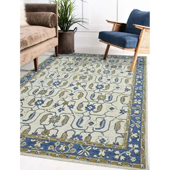 2' X 3' Blue Beige And Brown Wool Oriental Hand Hooked Area Rug