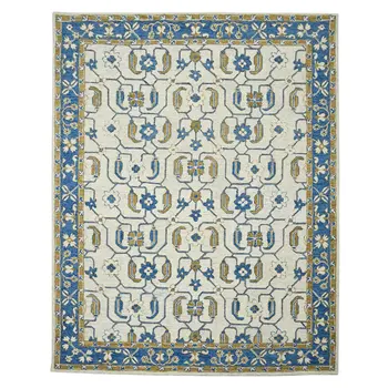 5' X 8' Blue Beige And Brown Wool Oriental Hand Hooked Area Rug