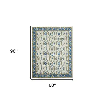5' X 8' Blue Beige And Brown Wool Oriental Hand Hooked Area Rug