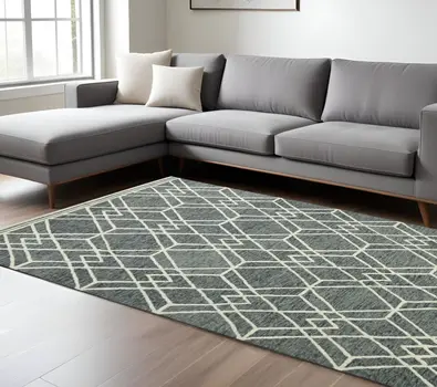 8' X 10' Gray And Ivory Wool Geometric Hand Hooked Area Rug