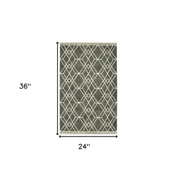 2' X 3' Dark Gray And Ivory Wool Geometric Hand Hooked Area Rug