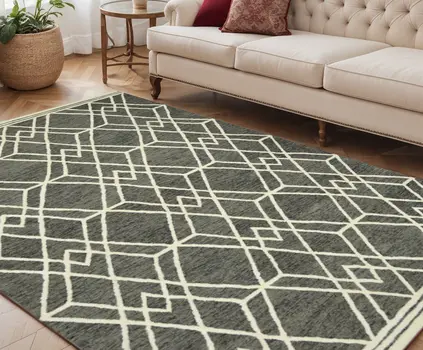 5' X 8' Dark Gray And Ivory Wool Geometric Hand Hooked Area Rug