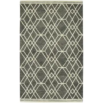 5' X 8' Dark Gray And Ivory Wool Geometric Hand Hooked Area Rug
