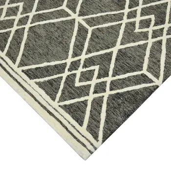5' X 8' Dark Gray And Ivory Wool Geometric Hand Hooked Area Rug