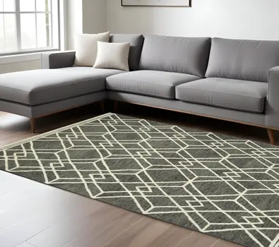 9' X 13' Dark Gray And Ivory Wool Geometric Hand Hooked Area Rug