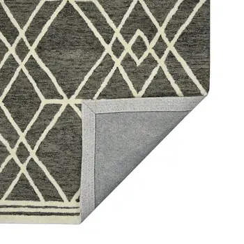 9' X 13' Dark Gray And Ivory Wool Geometric Hand Hooked Area Rug