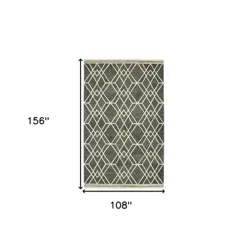 9' X 13' Dark Gray And Ivory Wool Geometric Hand Hooked Area Rug