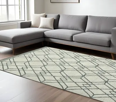 9' X 13' Ivory And Gray Wool Geometric Hand Hooked Area Rug