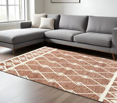 9' X 13' Rust And Ivory Wool Argyle Hand Hooked Area Rug