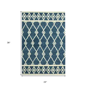 2' X 3' Blue And Ivory Wool Argyle Hand Hooked Area Rug