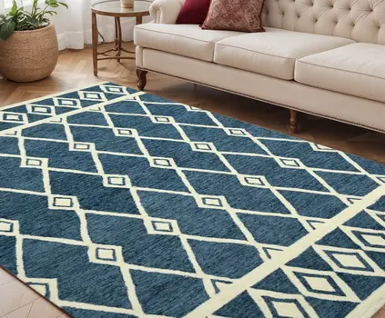 5' X 8' Blue And Ivory Wool Argyle Hand Hooked Area Rug