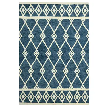 5' X 8' Blue And Ivory Wool Argyle Hand Hooked Area Rug