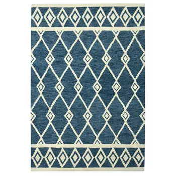 5' X 8' Blue And Ivory Wool Argyle Hand Hooked Area Rug