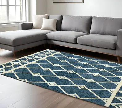 8' X 10' Blue And Ivory Wool Argyle Hand Hooked Area Rug