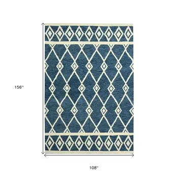 9' X 13' Blue And Ivory Wool Argyle Hand Hooked Area Rug