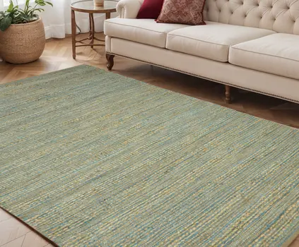 5' X 8' Aqua Beige And Brown Jute Striped Flatweave Handmade Area Rug