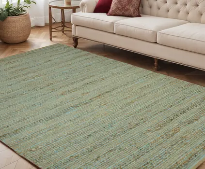 5' X 8' Aqua And Brown Jute Striped Flatweave Handmade Area Rug
