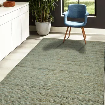 8' X 10' Aqua And Brown Jute Striped Flatweave Handmade Area Rug