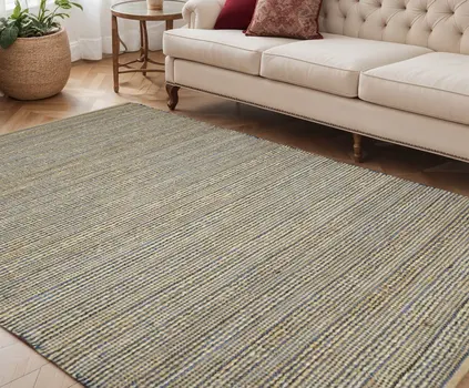 5' X 8' Blue And Beige Jute Striped Flatweave Handmade Area Rug