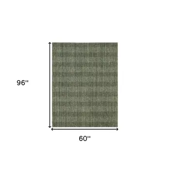 5' X 8' Green Gray And Ivory Wool Plaid Hand Woven Area Rug