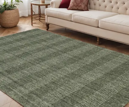 5' X 8' Green Gray And Ivory Wool Plaid Hand Woven Area Rug