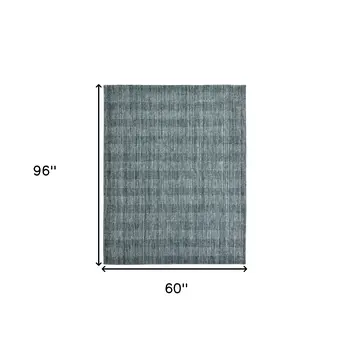 5' X 8' Blue And Ivory Wool Plaid Hand Woven Area Rug