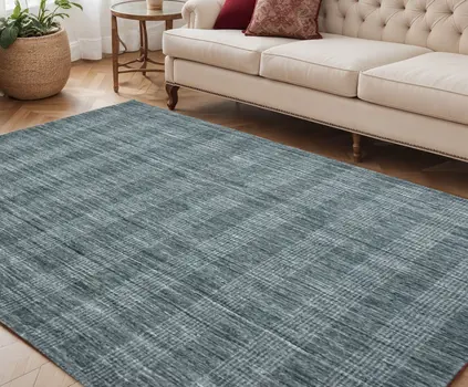 5' X 8' Blue And Ivory Wool Plaid Hand Woven Area Rug