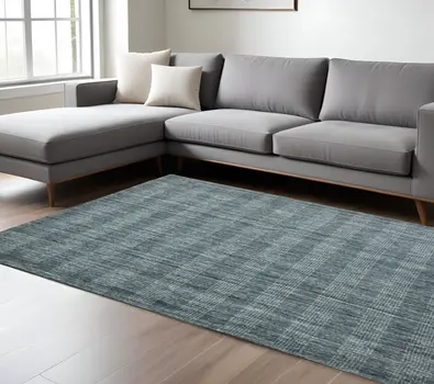 9' X 12' Blue And Ivory Wool Plaid Hand Woven Area Rug