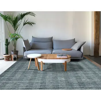 10' X 14' Blue And Ivory Wool Plaid Hand Woven Area Rug