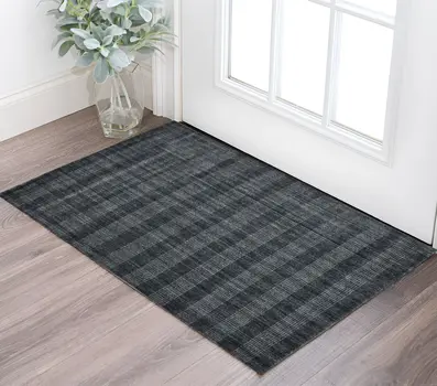 2' X 3' Charcoal And Gray Wool Plaid Hand Woven Area Rug