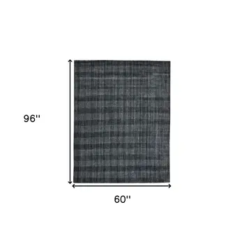 5' X 8' Charcoal And Gray Wool Plaid Hand Woven Area Rug