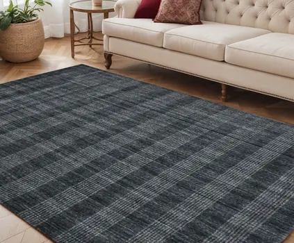 5' X 8' Charcoal And Gray Wool Plaid Hand Woven Area Rug