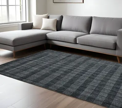 9' X 12' Charcoal And Gray Wool Plaid Hand Woven Area Rug