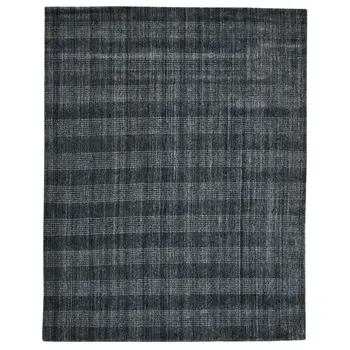 9' X 12' Charcoal And Gray Wool Plaid Hand Woven Area Rug