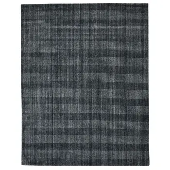 9' X 12' Charcoal And Gray Wool Plaid Hand Woven Area Rug
