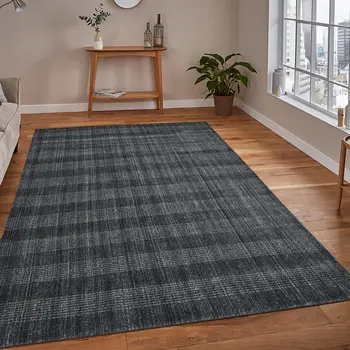 10' X 14' Charcoal And Gray Wool Plaid Hand Woven Area Rug