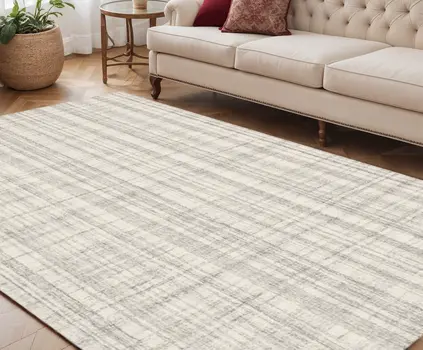 5' X 7' Ivory And Gray Wool Plaid Hand Tufted Area Rug