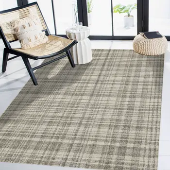 5' X 7' Ivory And Gray Wool Plaid Hand Tufted Area Rug