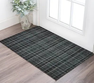 2' X 3' Black Ivory And Charcoal Wool Plaid Hand Tufted Area Rug