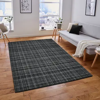5' X 7' Black Ivory And Charcoal Wool Plaid Hand Tufted Area Rug