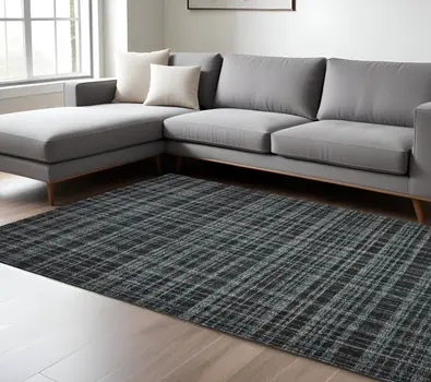 8' X 10' Black Ivory And Charcoal Wool Plaid Hand Tufted Area Rug