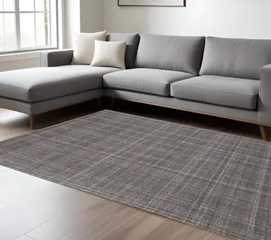 8' X 10' Graphite And Ivory Wool Plaid Hand Tufted Area Rug