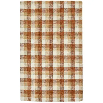 2' X 3' Orange Beige And Brick Red Wool Plaid Hand Tufted Area Rug