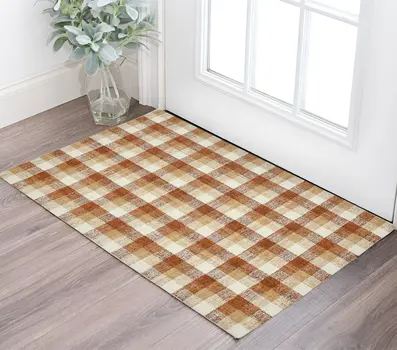 2' X 3' Orange Beige And Brick Red Wool Plaid Hand Tufted Area Rug