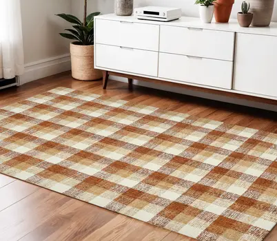4' X 6' Orange Beige And Brick Red Wool Plaid Hand Tufted Area Rug