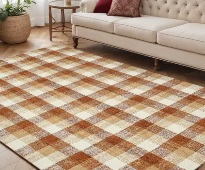5' X 7' Orange Beige And Brick Red Wool Plaid Hand Tufted Area Rug