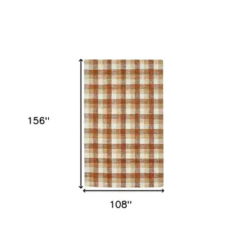 9' X 13' Orange Beige And Brick Red Wool Plaid Hand Tufted Area Rug